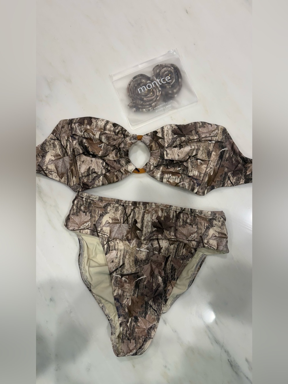 MONTCE Camo Ring-Front Bikini Set in Brown & Tan